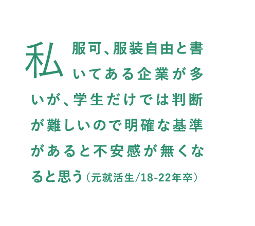 私服可、服装自由と書いてある企業が多いが、学生だけでは判断が難しいので明確な基準があると不安感が無くなると思う（元就活生/18-22年卒）