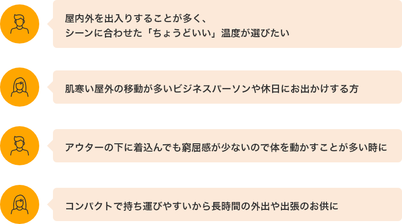 「屋内外を出入りすることが多く、シーンに合わせた”ちょうどいい”温度が選びたい」「肌寒い屋外の移動が多いビジネスパーソンや休日にお出かけする方」「アウターの下に着こんでも窮屈感が少ないので体を動かすことが多い時に」「コンパクトで持ち運びやすいから長時間の外出や出張のお供に」