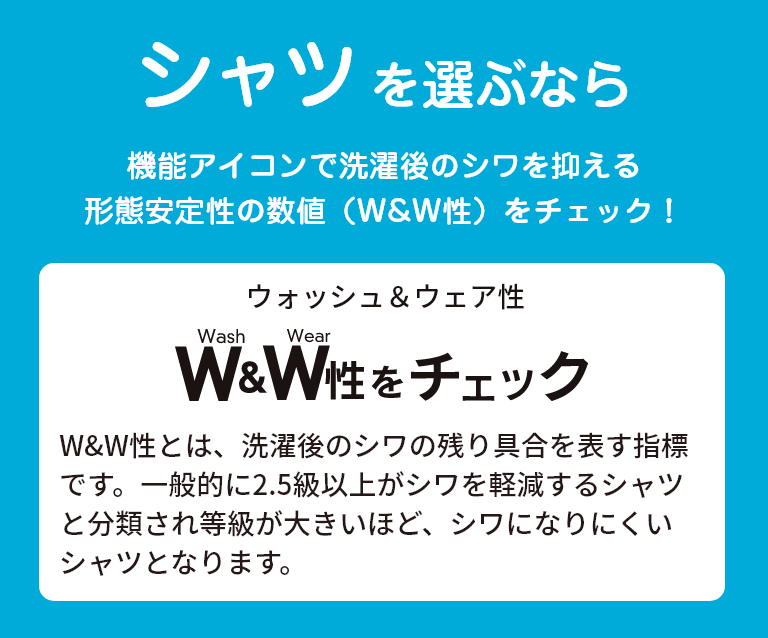 シャツを選ぶなら機能アイコンで洗濯後のシワを抑える形態安定性の数値（W&W性）をチェック！ W&W性とは、洗濯後のシワの残り具合を表す指標です。一般的に2.5級以上がシワを軽減するシャツと分類され等級が大きいほど、シワになりにくいシャツとなります。