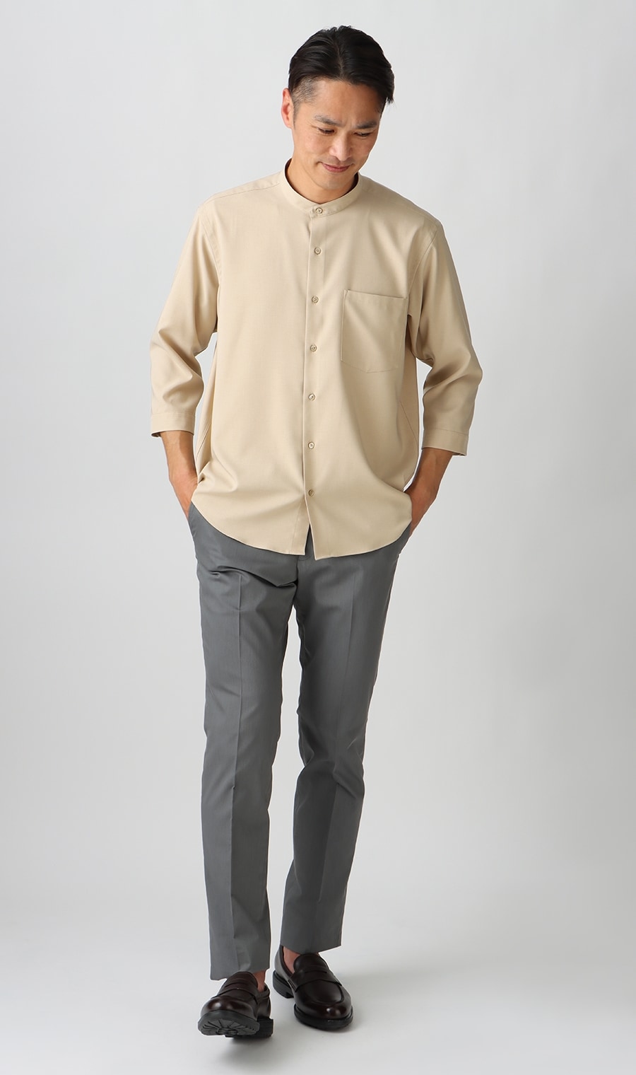 リネンライクバンドカラーシャツ【7分袖】【Reflax】（ACSH4305-41 